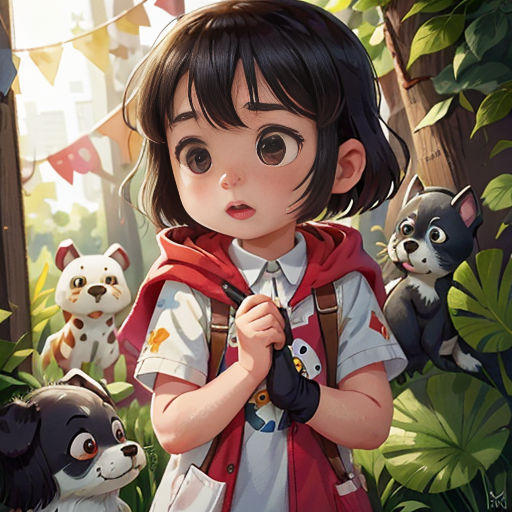 a little girl standing in the forest with a bunch of stuffed animals behind her and a dog behind her