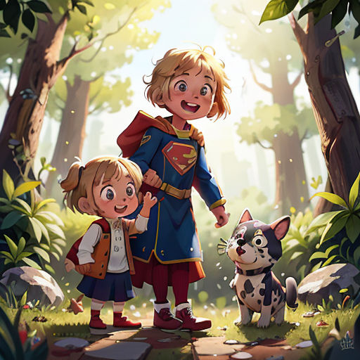 a woman and a child standing in the woods with a dog and cat next to them, with a forest background