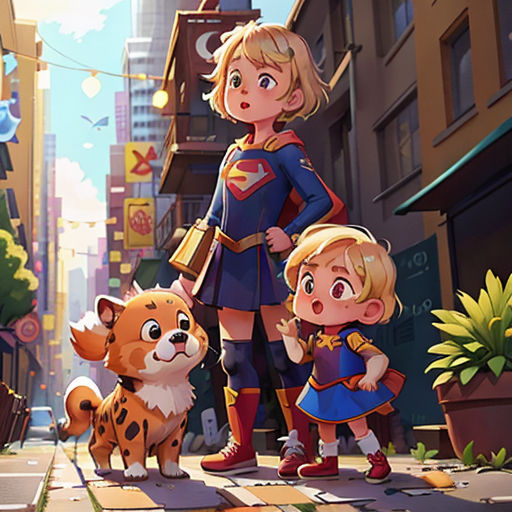 a woman and two children standing on a city street with a dog and a cat in front of them