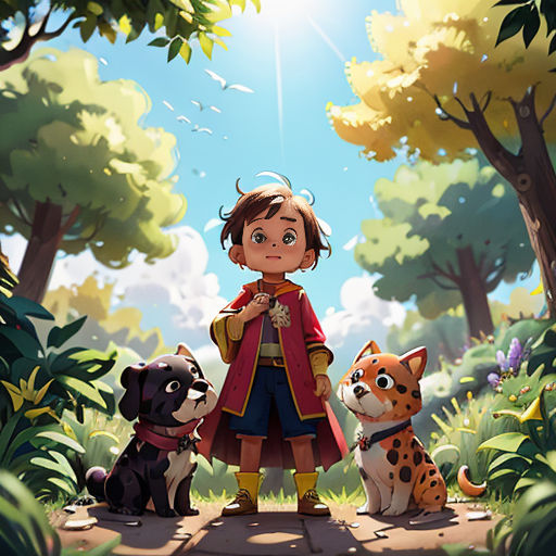 a boy standing next to two dogs and a cat in a forest with trees and bushes behind him, with a sun shining on the sky