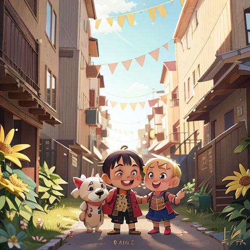 a couple of kids standing next to each other on a street with a dog and cat in front of them