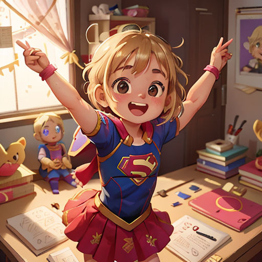 a cartoon girl in a school uniform standing on a desk with her arms up in the air and a stuffed animal behind her