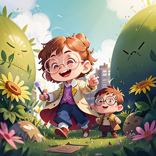 a little boy and girl standing in a field of flowers with a building in the background and a sky background