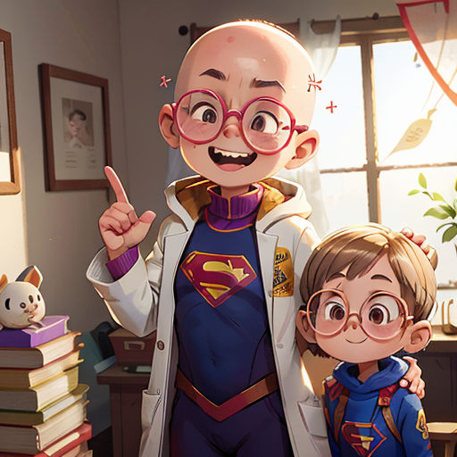 a cartoon of a man and a boy standing next to each other in a room with books on the floor