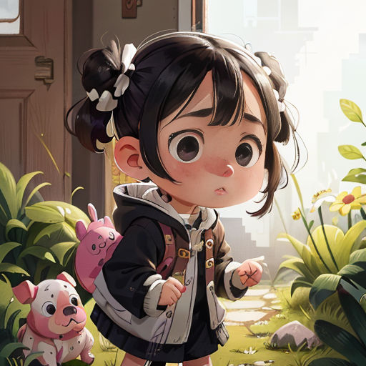 a little girl standing in a garden with a pig toy in her hand and a dog toy in her other hand