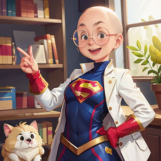 a cartoon character is standing in front of a cat and a book shelf with books on it and a cat sitting on the floor