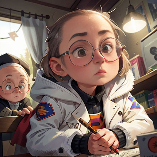 a girl sitting at a desk with a pencil in her hand and a doll behind her looking at a computer screen