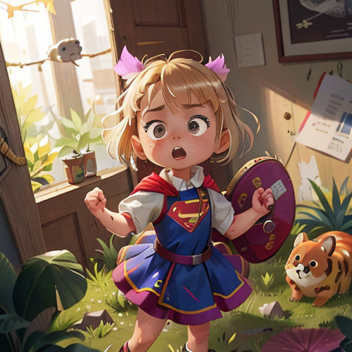 a little girl dressed in a princess costume standing in a room with a tiger and a potted plant