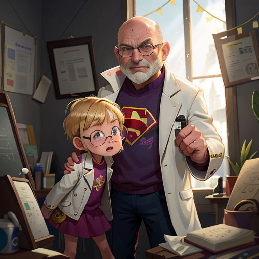 a man and a little girl standing in front of a desk with a computer monitor and a superman t - shirt