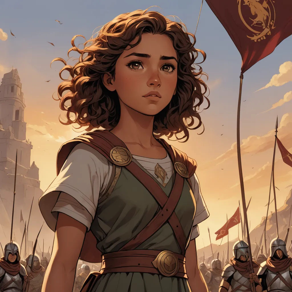 a woman in a dress standing in front of a group of soldiers with a flag in the background and a flag in the foreground, fantasy art, a comic book panel, Clint Cearley, cushart krenz