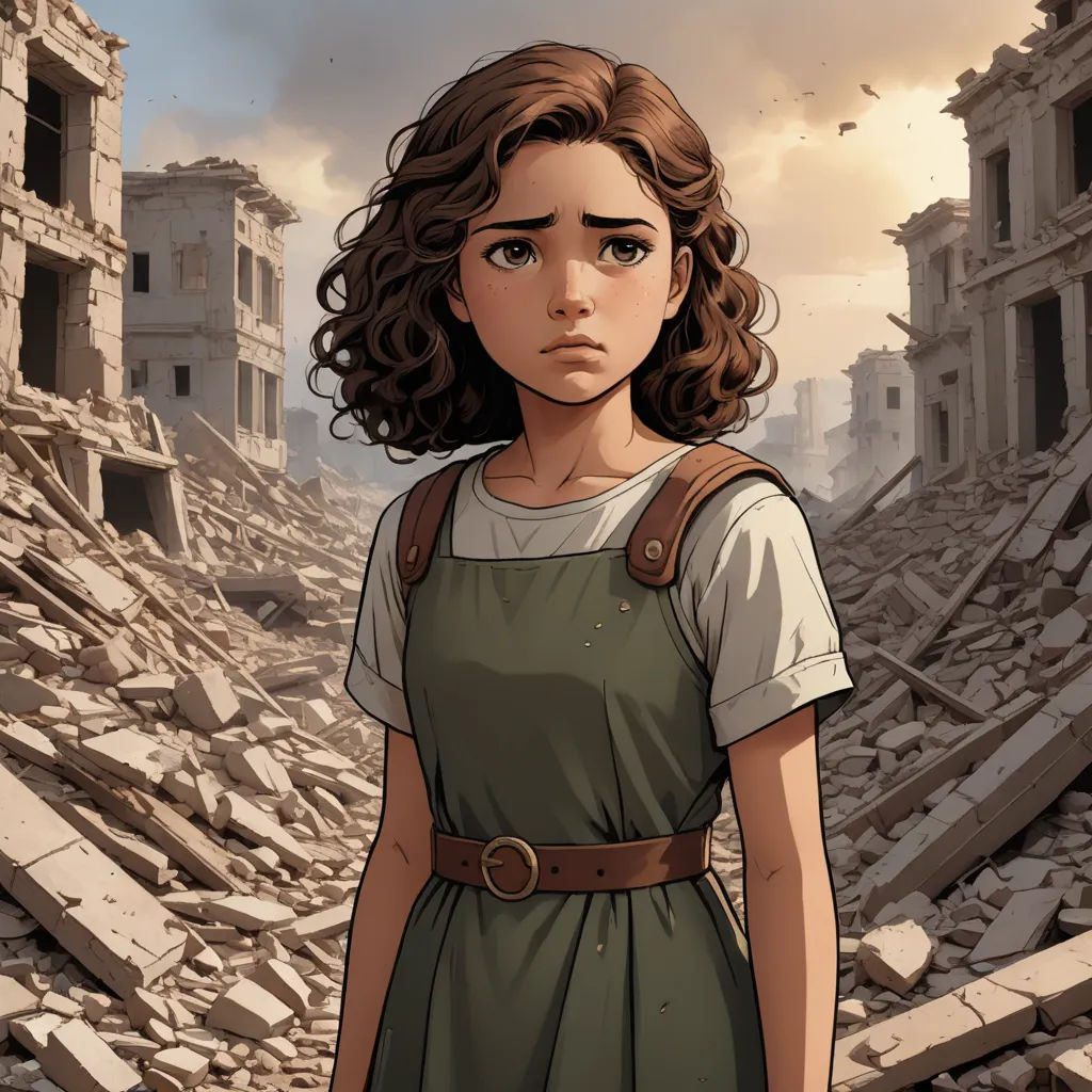 a girl standing in a rubble area with a building in the background and a sky in the background with a few clouds, sots art, a comic book panel, Ada Gladys Killins, official art