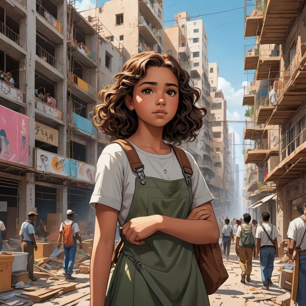 a painting of a woman standing in a crowded street with people walking around her and buildings in the background, neoism, concept art, Asaf Hanuka, official art