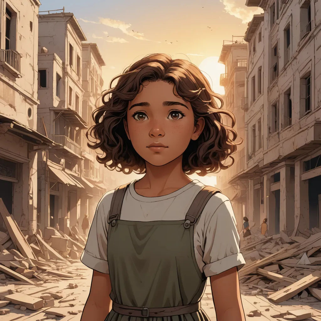 a young girl standing in a destroyed city street with a building in the background and a sun setting behind her, serial art, a comic book panel, Cliff Childs, cushart krenz