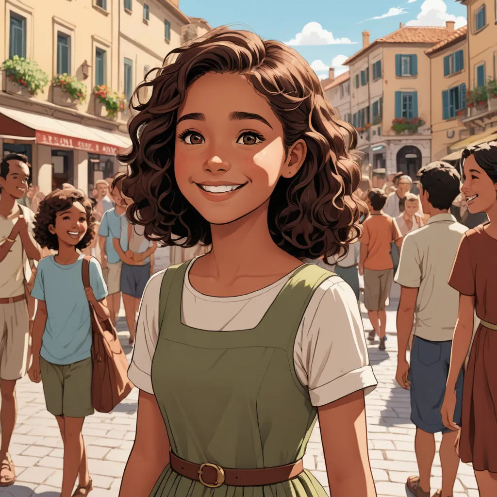a cartoon of a girl in a green dress standing in front of a crowd of people on a city street, renaissance, a comic book panel, Constance Gordon-Cumming, cushart krenz