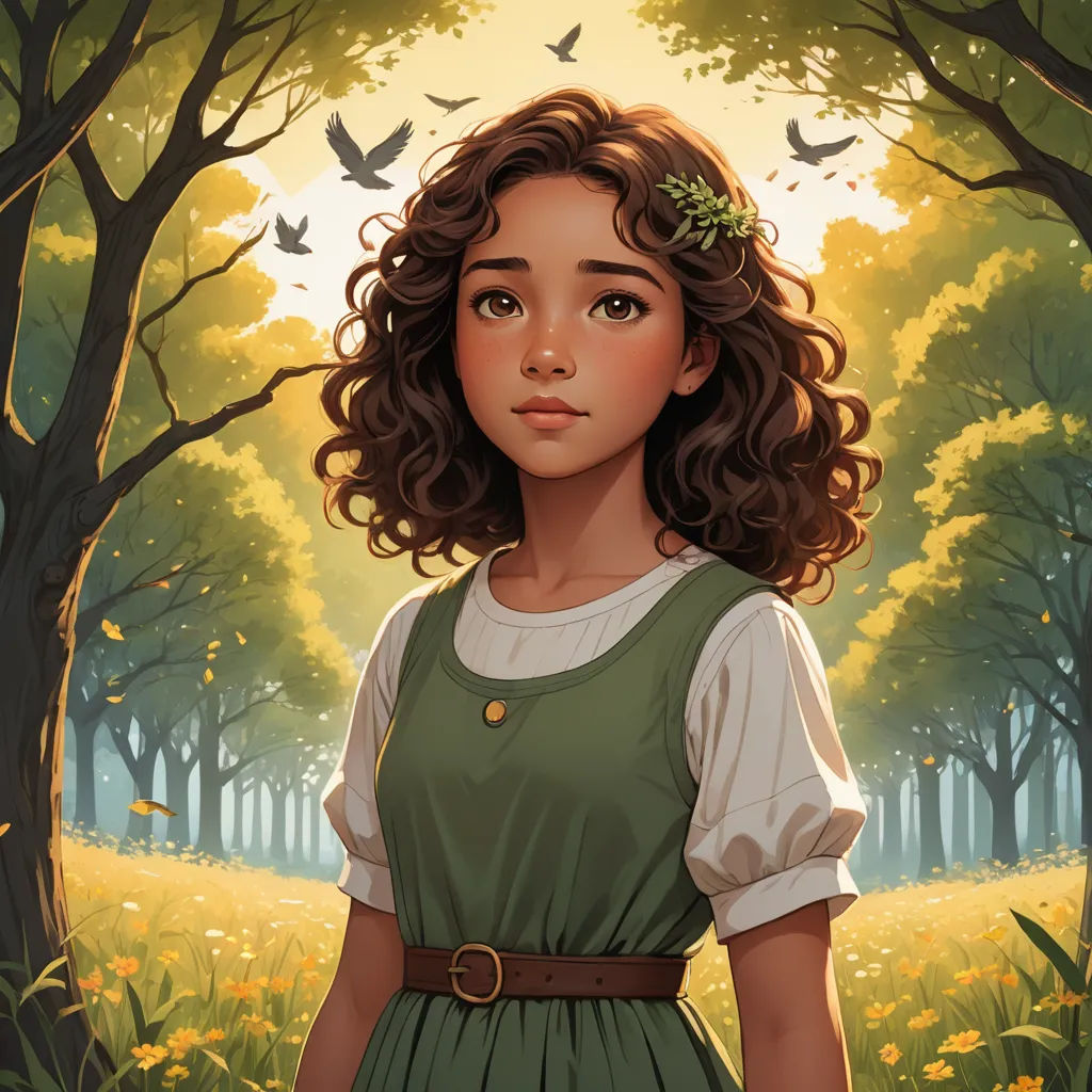 a painting of a girl in a forest with birds flying overhead and trees in the background, with a bird flying overhead, fantasy art, a character portrait, Charlie Bowater, official art