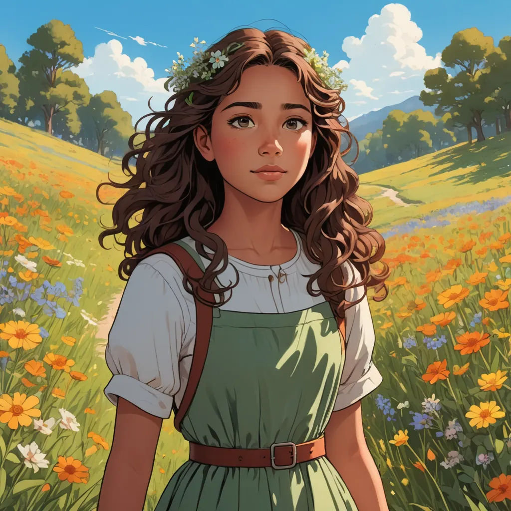 a girl in a field with flowers in her hair and a flower crown on her head, standing in front of a field of flowers, fantasy art, a character portrait, Constance Gordon-Cumming, rossdraws global illumination