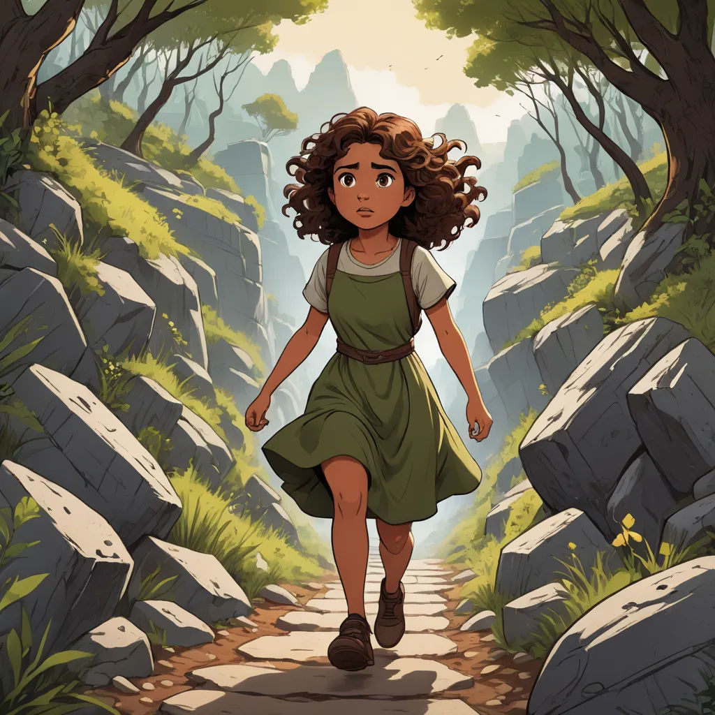 a girl walking down a path in a forest with rocks and trees on either side of her face and a rock - strewn path leading to the right, fantasy art, a storybook illustration, Cliff Childs, comic cover art