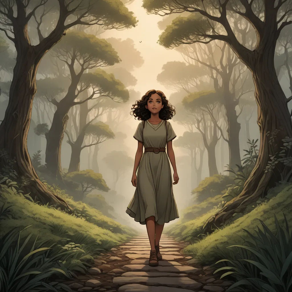 a woman walking down a path through a forest filled with trees and grass, with a sun shining through the trees, magical realism, a storybook illustration, Brom, official art