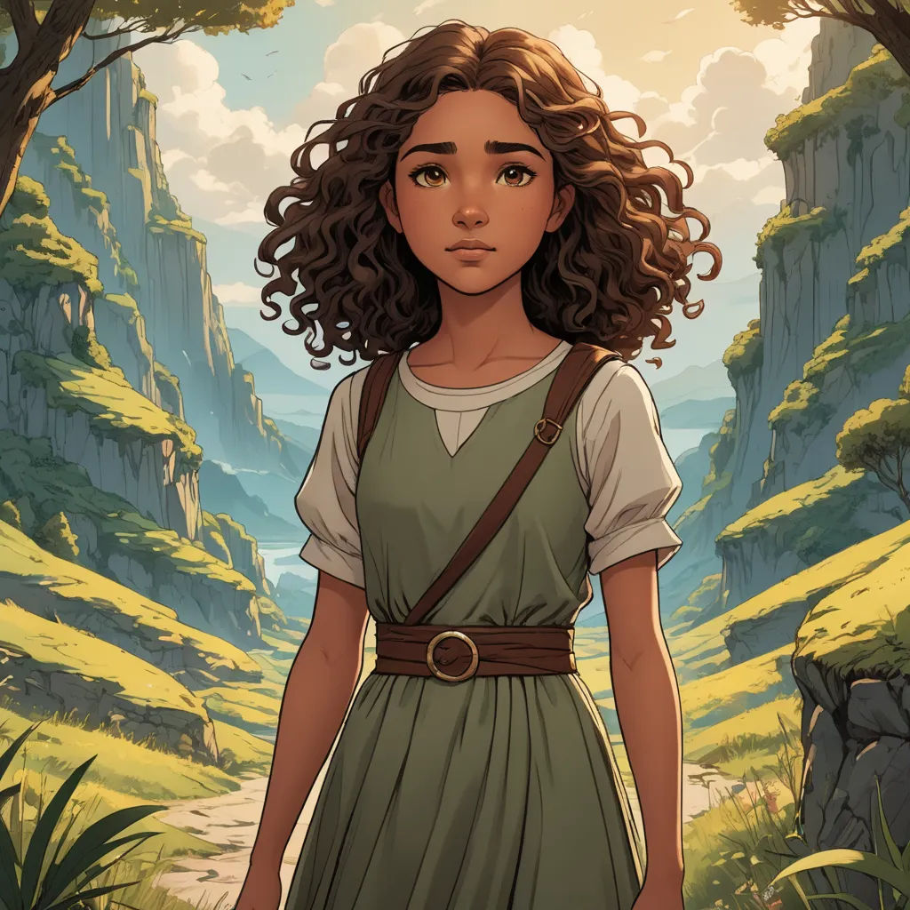 a girl in a green dress standing in a forest with a mountain in the background and a sky with clouds, fantasy art, a character portrait, Cliff Childs, comic cover art
