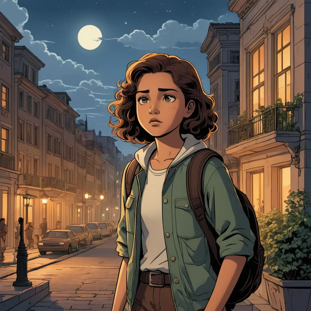 a woman standing on a street at night with a backpack on her shoulder and a full moon in the background, paris school, a comic book panel, Asaf Hanuka, comic cover art