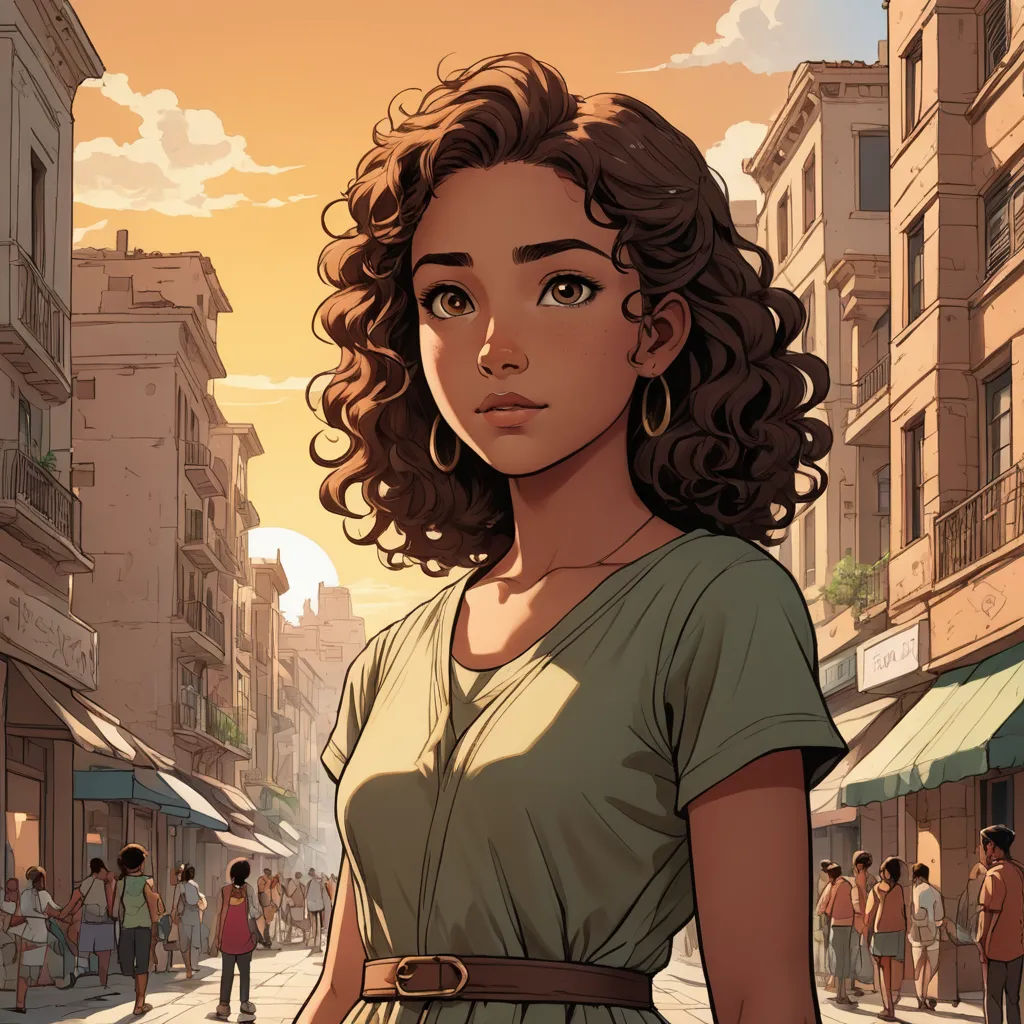 a woman standing in a street with a city in the background and people walking around her on the sidewalk, harlem renaissance, a comic book panel, Charlie Bowater, rossdraws global illumination