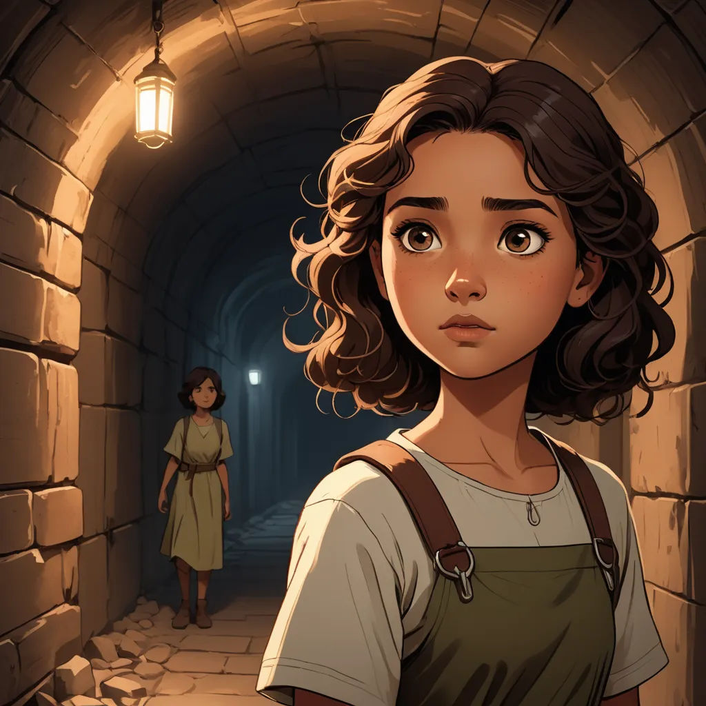 a girl standing in a tunnel with a lantern above her head and a girl standing in the background looking at the camera, serial art, a character portrait, Cedric Peyravernay, rossdraws global illumination