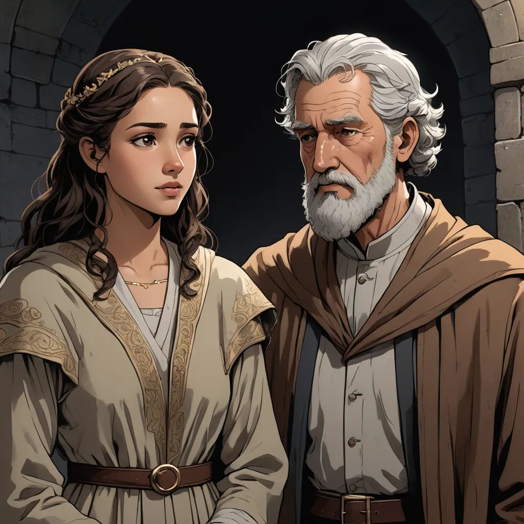 a man and a woman standing next to each other in front of a stone wall with a doorway and a doorway, sots art, a character portrait, Ada Gladys Killins, official art