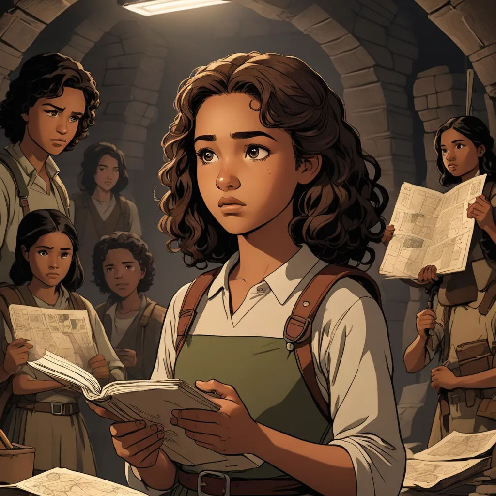 a cartoon of a girl reading a book in a room full of people with papers in her hands and a flashlight above her head, harlem renaissance, a comic book panel, Ada Gladys Killins, comic cover art