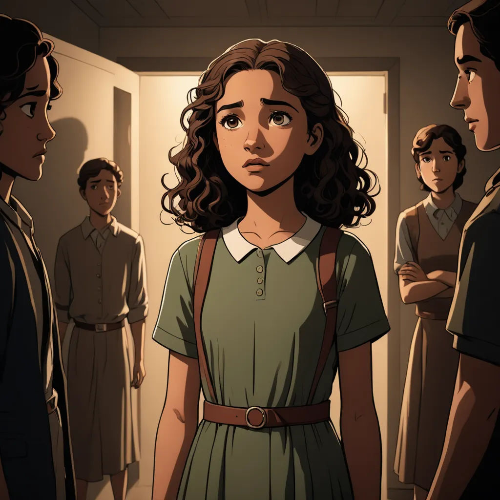 a girl in a green dress standing in a hallway with other people in the background and a door leading to a hallway, sots art, a character portrait, Ada Gladys Killins, official art