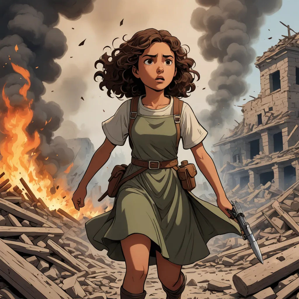 a woman in a dress holding a gun in front of a fire and buildings with smoke pouring out of it, serial art, a comic book panel, Asaf Hanuka, comic cover art