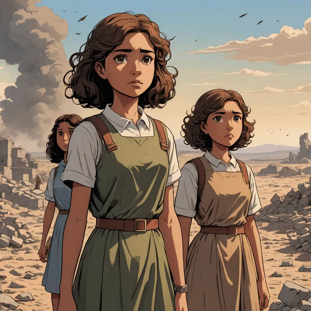 a group of people standing on top of a dirt field next to a sky filled with clouds and birds, serial art, a comic book panel, Ada Gladys Killins, comic cover art