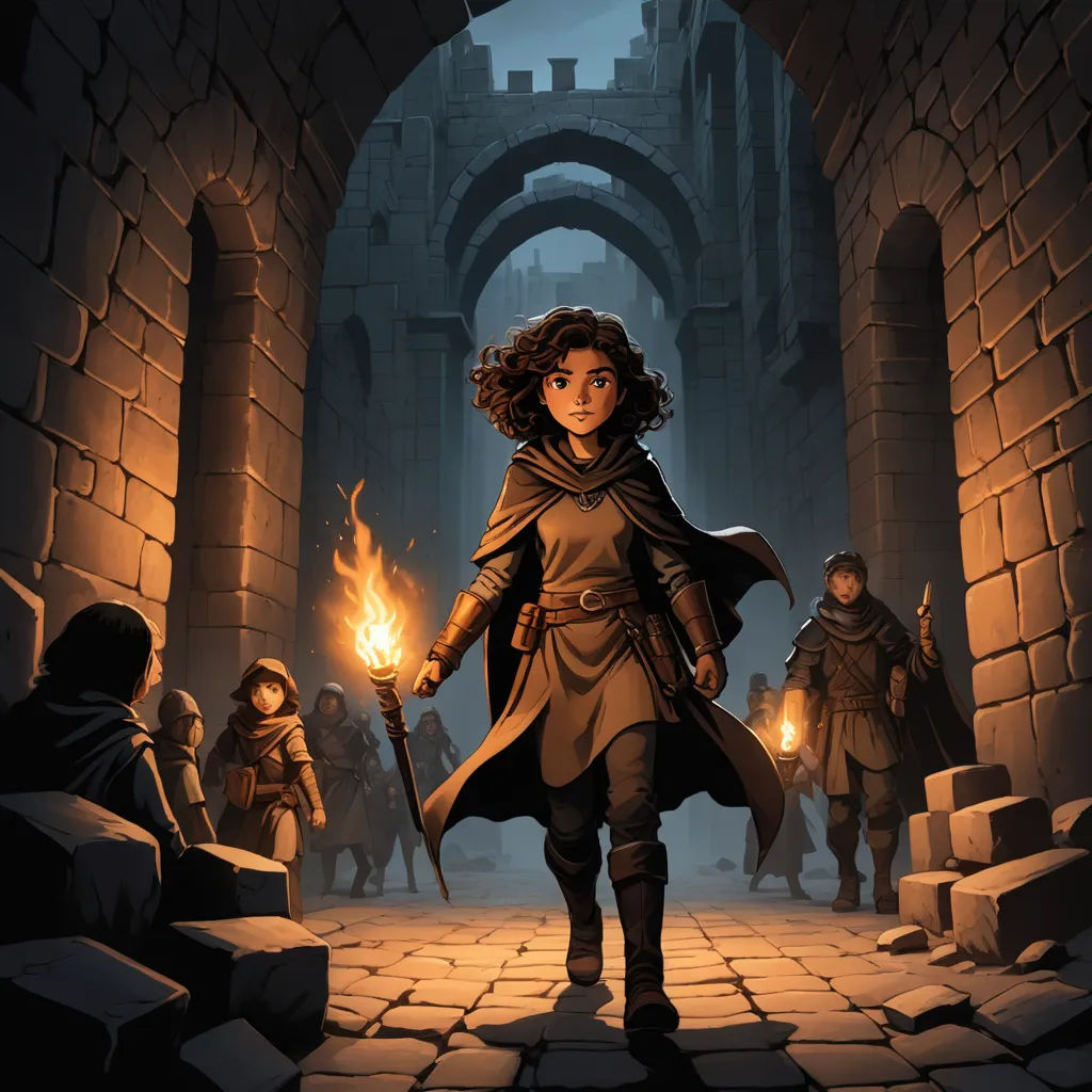 a woman in a brown coat holding a torch in a dark alley with other people in the background and a stone archway, fantasy art, concept art, Andreas Rocha, epic fantasy character art