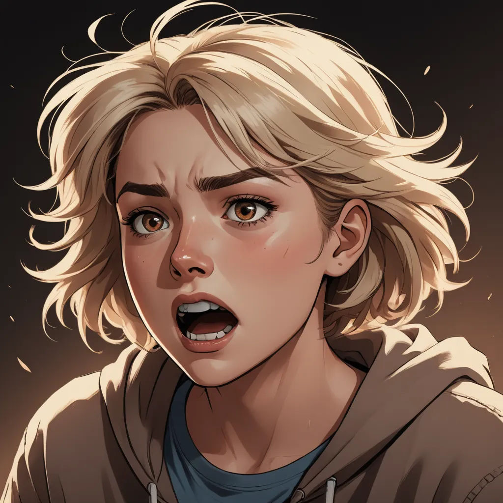 a woman with blonde hair and a hoodie on is looking at the camera with a surprised look on her face, shock art, a character portrait, Charlie Bowater, deviantart artstation