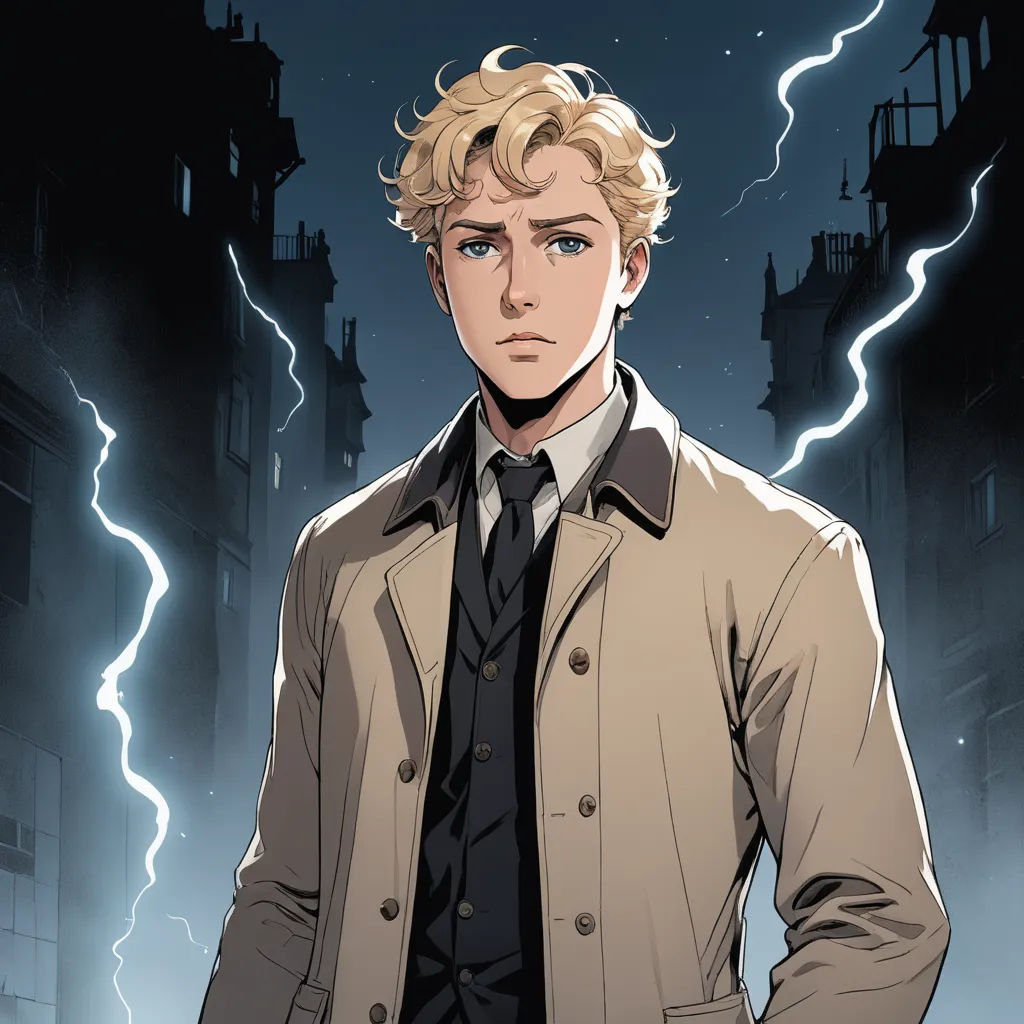 a man in a trench coat standing in front of a lightning storm in a city at night with his hands in his pockets, sots art, a character portrait, Cedric Seaut (Keos Masons), official art
