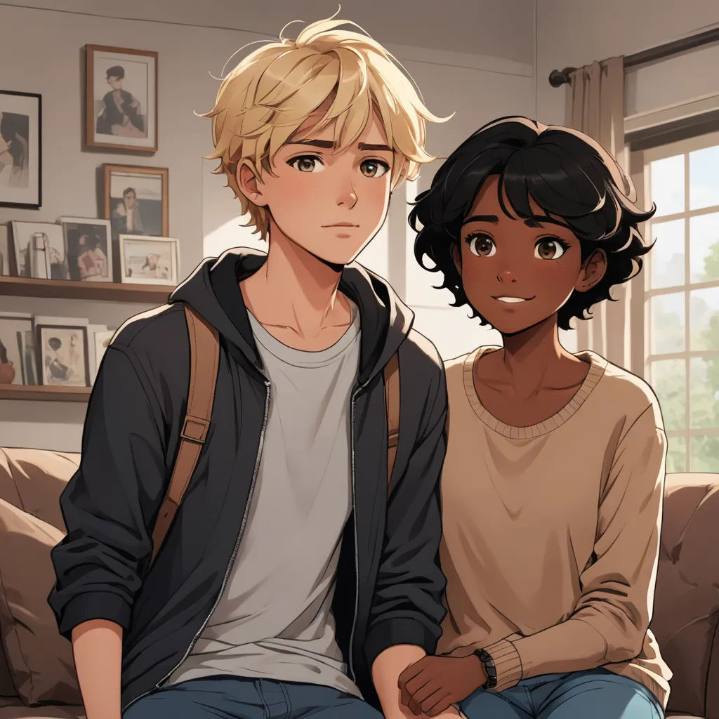 a couple of people sitting on a couch in a room with a window and a couch in the background, remodernism, a character portrait, Cedric Seaut (Keos Masons), official art