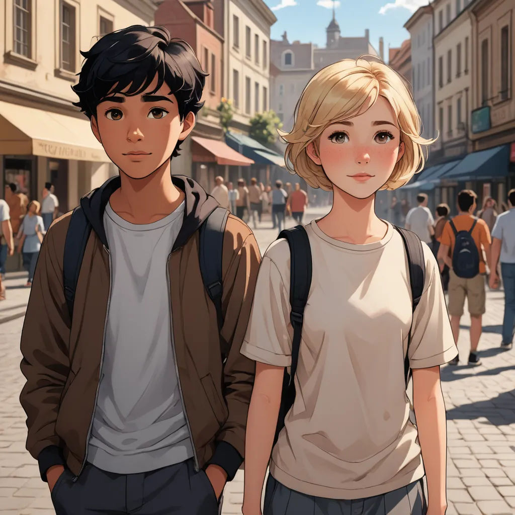 a couple of people standing next to each other on a street near buildings and people walking around them on a sunny day, sots art, a comic book panel, Atey Ghailan, rossdraws global illumination