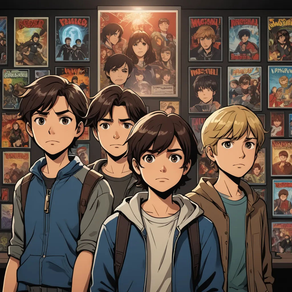 a group of young men standing next to each other in front of a wall of movies and posters with the words attack of the titans, shock art, a comic book panel, Artgerm, comic book