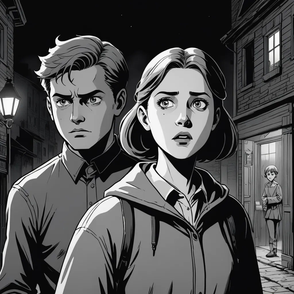 a man and a woman standing in front of a building at night with a street light on the side, sots art, a comic book panel, Ada Gladys Killins, graphic novel