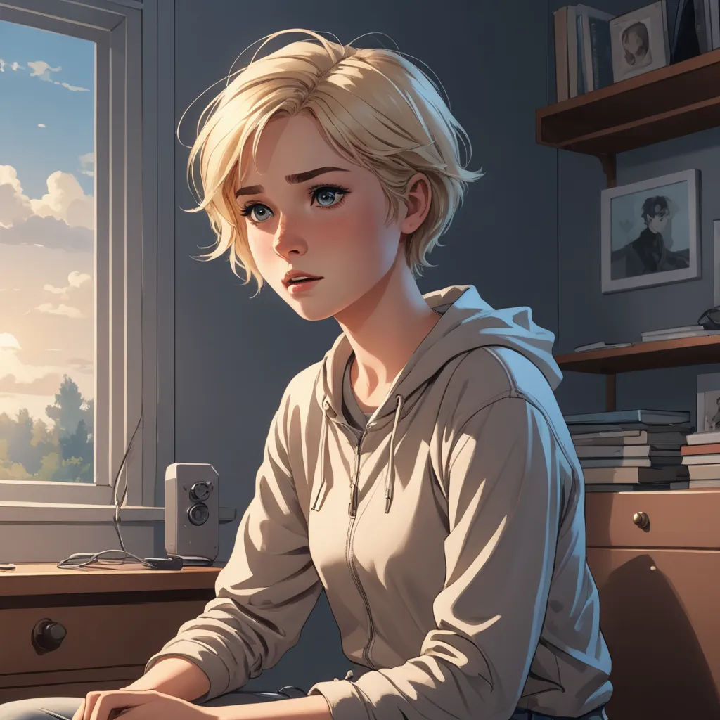 a woman sitting at a desk with a laptop computer in front of her and a window with a view of the sky, sots art, a detailed painting, Atey Ghailan, rossdraws global illumination