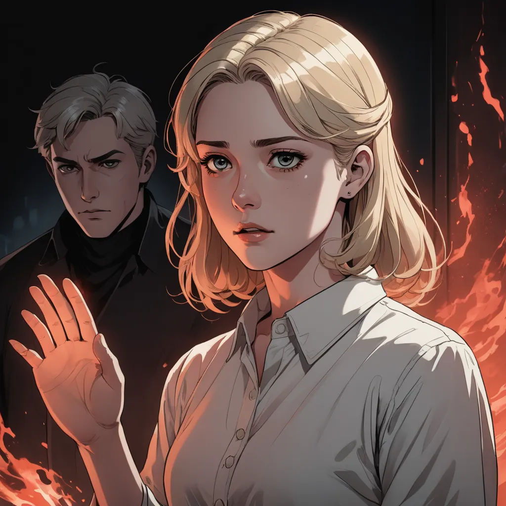 a woman and a man standing in front of a fire background with their hands together and a hand on their chest, remodernism, a comic book panel, Charlie Bowater, rossdraws global illumination