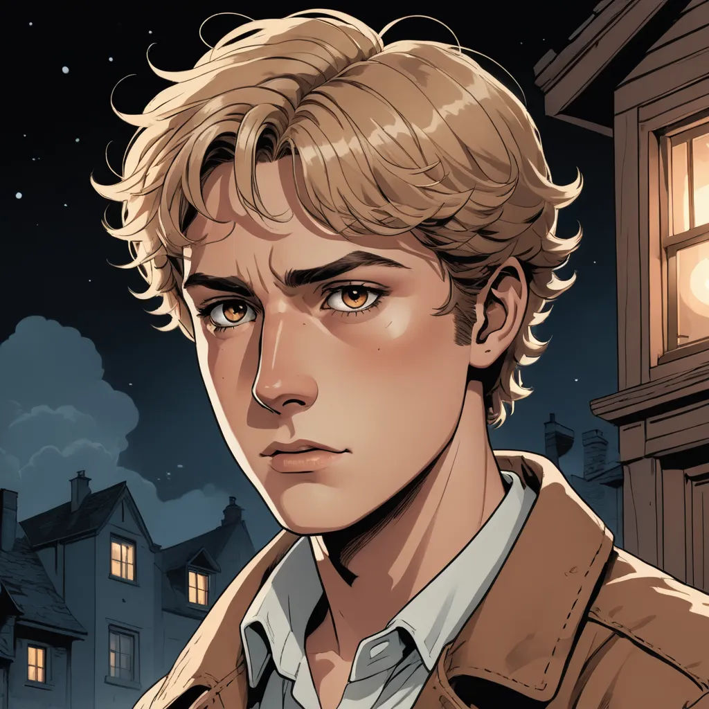 a man with blonde hair and a brown jacket is staring at the camera in front of a building at night, sots art, a character portrait, Cedric Seaut (Keos Masons), character portrait
