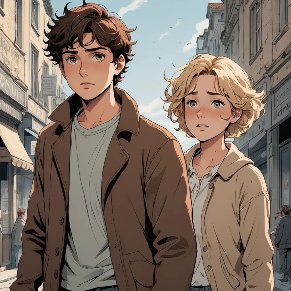 a man and a woman standing in a street next to each other, with buildings in the background and a sky in the background, neo-romanticism, a comic book panel, Cedric Seaut (Keos Masons), cushart krenz