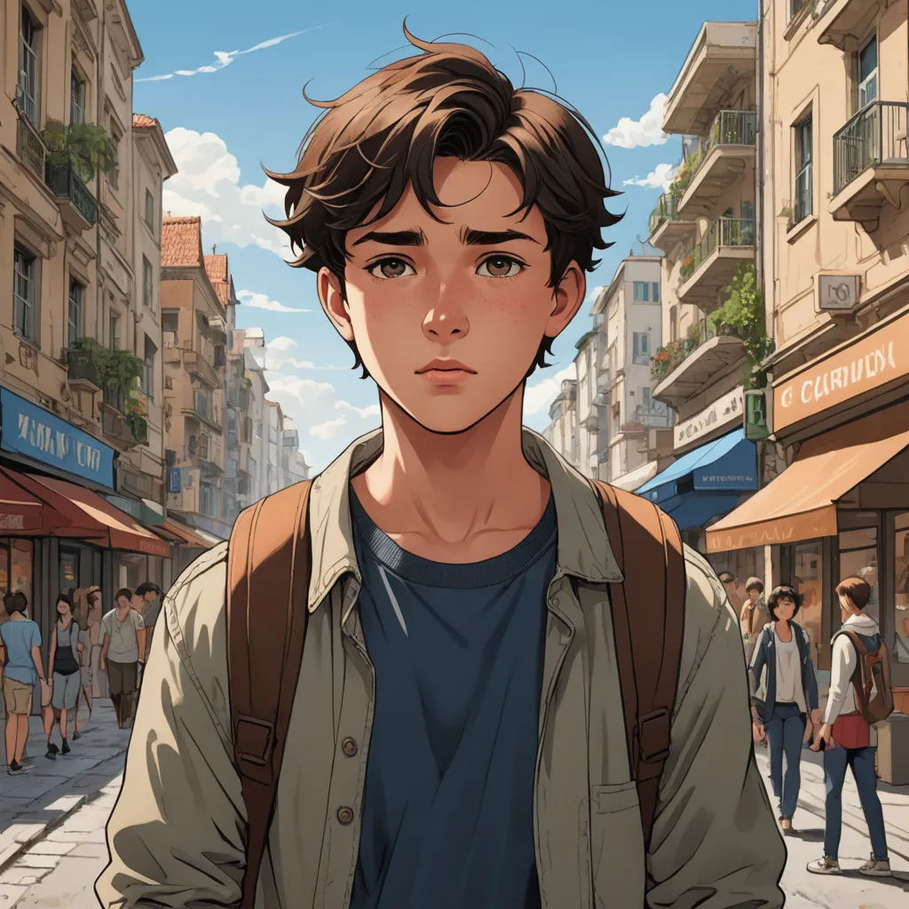 a man standing in front of a crowd of people on a street with buildings in the background and a sky with clouds, american scene painting, a comic book panel, Cedric Seaut (Keos Masons), rossdraws global illumination