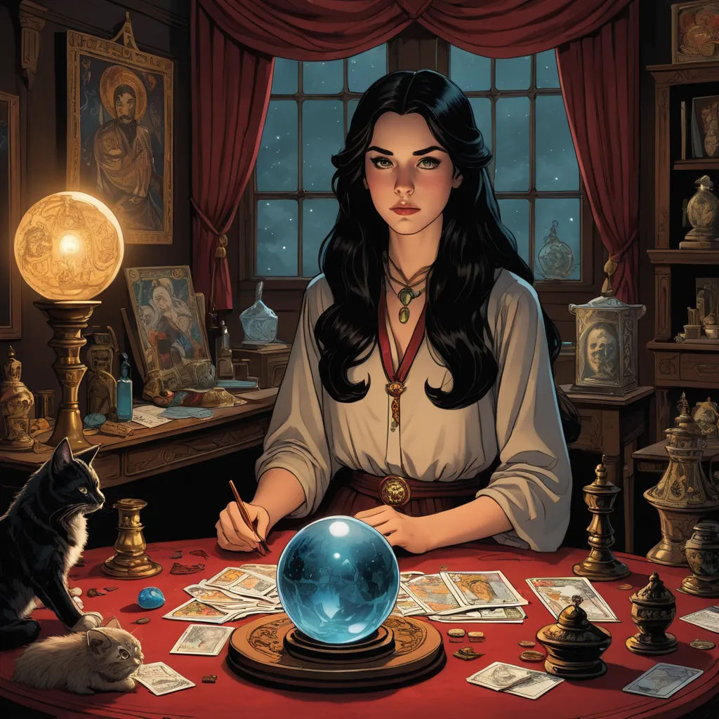 a woman sitting at a table with a cat and a globe in front of her, surrounded by cards and a lamp, fantasy art, a storybook illustration, Art of Brom, tarot card