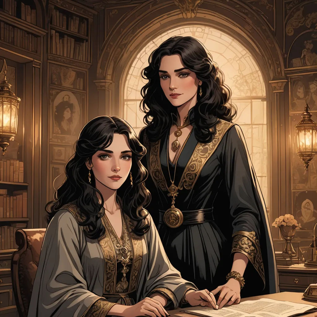 a painting of two women sitting at a table in a library, one of them is writing a book, fantasy art, a storybook illustration, Charlie Bowater, official art