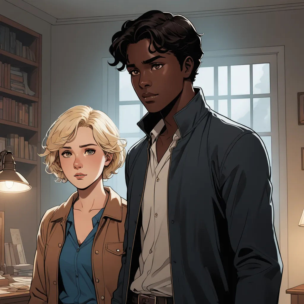 a man and a woman standing in a room with a book shelf and a lamp on the wall behind them, international gothic, concept art, Cedric Seaut (Keos Masons), official art