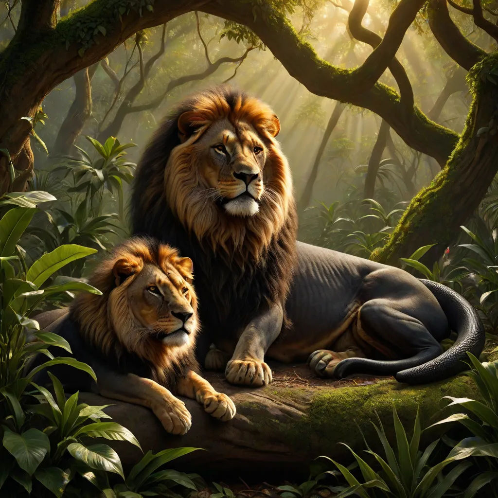 a painting of two lions sitting on a rock in a forest with trees and bushes in the background, with sunlight streaming through the trees, photorealism, a detailed matte painting, Brothers Hildebrandt, photoreal