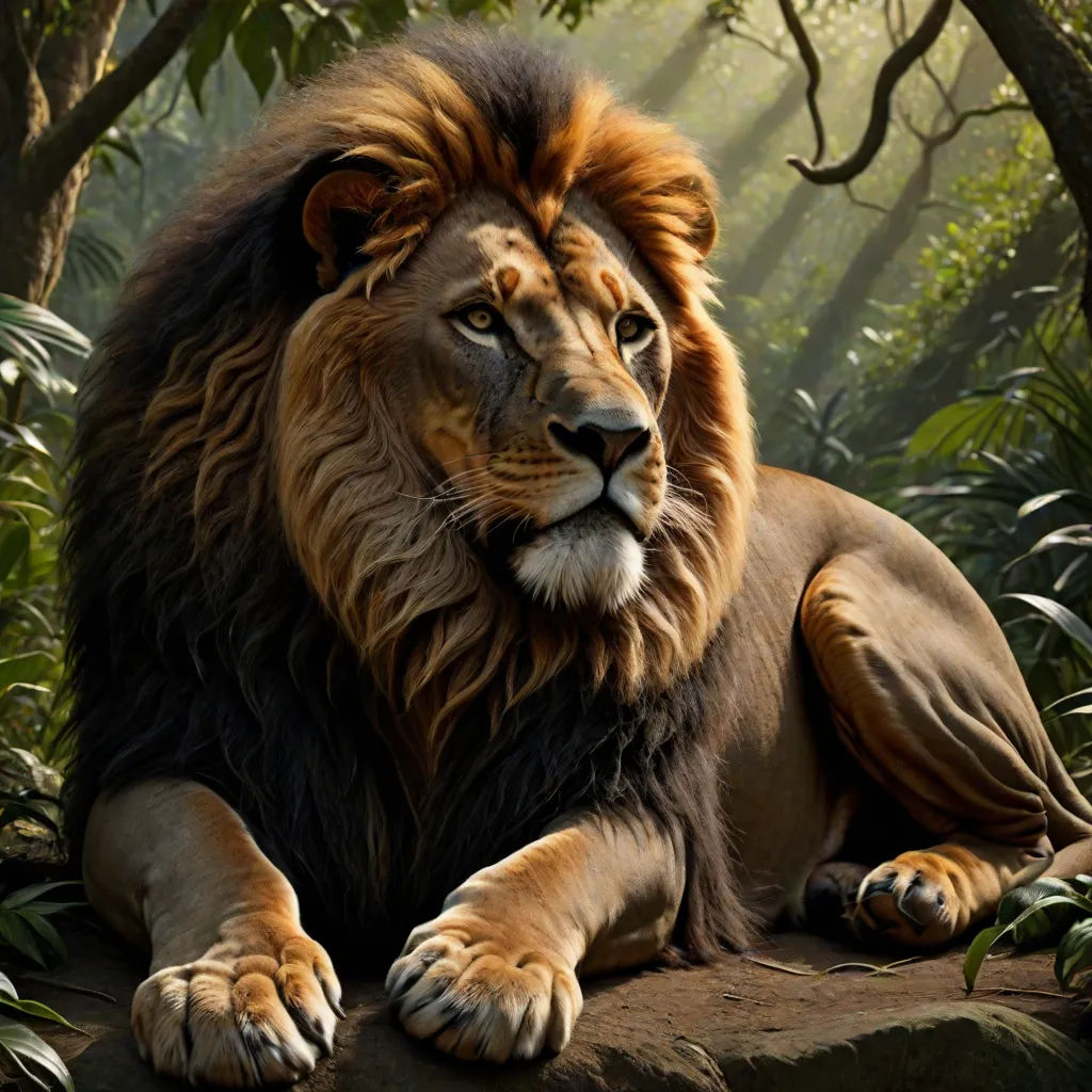 a lion laying down in the jungle with trees in the background and sunlight streaming through the trees behind it, photorealism, a photorealistic painting, Drew Struzan, realistic painting