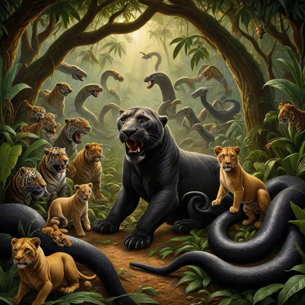a painting of a group of tigers in a jungle with snakes and snakes around them, with a tiger in the background, fantasy art, an album cover, Chris LaBrooy, highly detailed digital painting