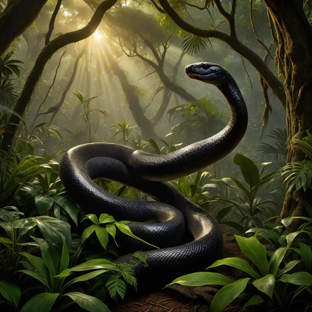 a snake is curled up in the jungle with sunlight coming through the trees and leaves on the ground, with the snake's head in the foreground, cobra, a detailed matte painting, David Young Cameron, photoreal